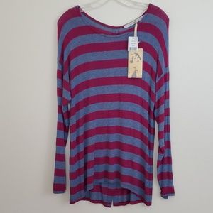 NWT Gibson Burgundy & Blue Striped Tunic Top L